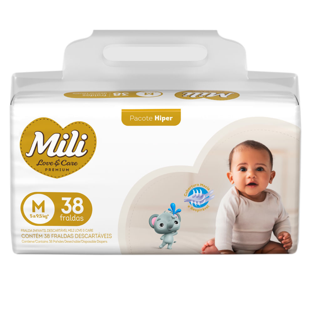 Fralda Infantil Mili Love e Care Premium Hiper Tamanho M com 38 Unidades Descartáveis