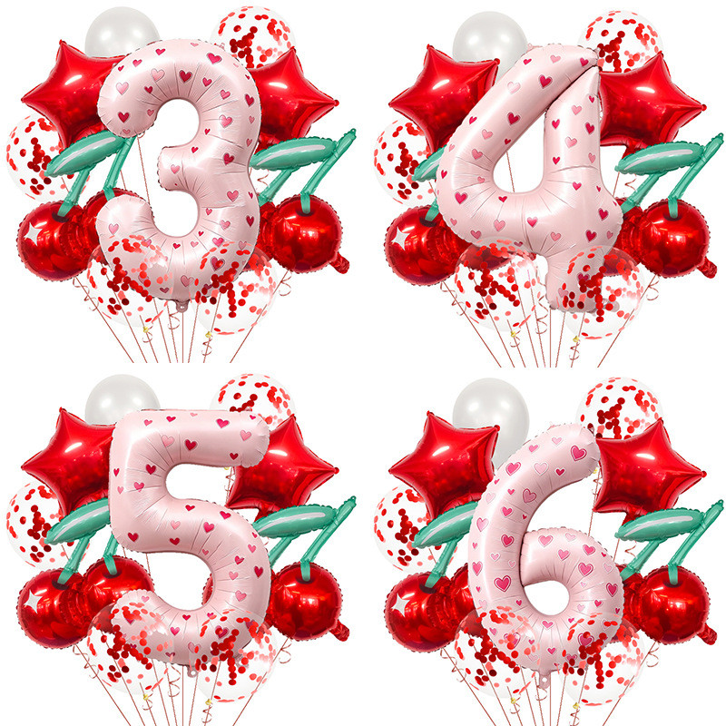 Buquê De Balões Com Número Rosa Vermelho Cereja , Pastel 1 2 3 4 5 6 7 8 9 E Guirlanda De Aniversário Brancos Para Decor