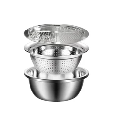 Multifuncional De Aço Inoxidável Bacia Dreno Cesta Cortador Ralador De Legumes Saladas Fruta Kit 3 Em 1 Cozinha