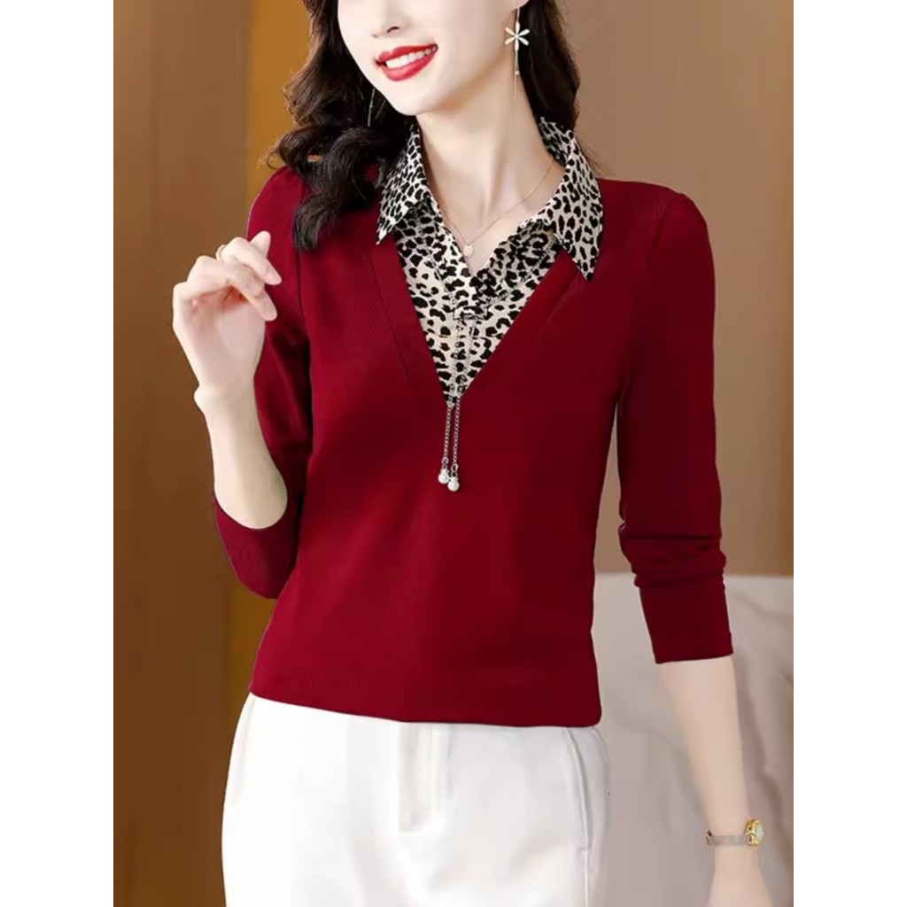 Top falso de duas peças estilo ocidental feminino primavera outono novo estilo mãe camiseta de manga comprida tamanho gr