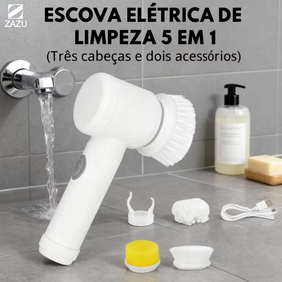 Escova de Limpeza Elétrica 5 em 1 – Multiuso para Cozinha, Banheiro e Casa