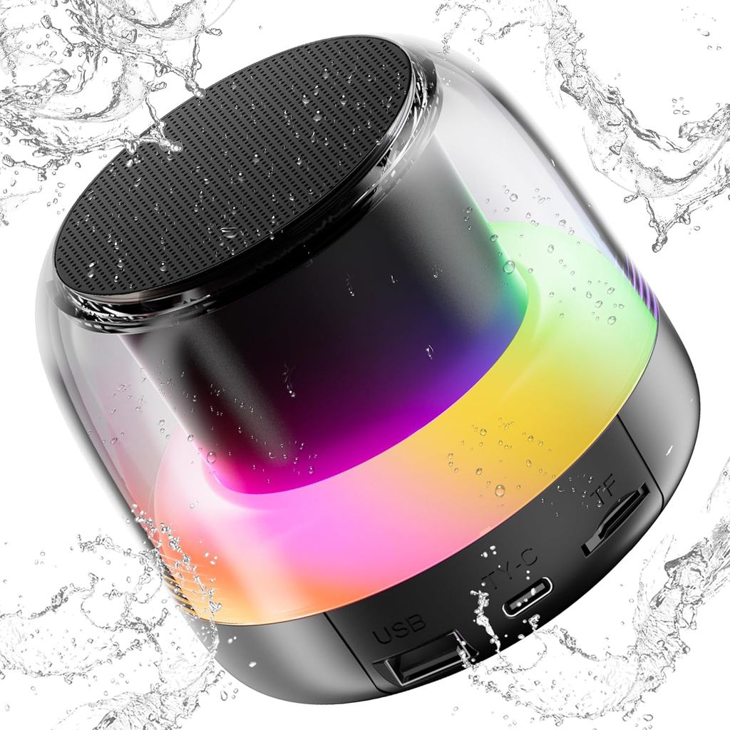 Caixa de Som Portátil Bluetooth com Som Estéreo Potente e Graves Profundos, Mini Caixa de Som Sem Fio com 7 Luzes RGB, E