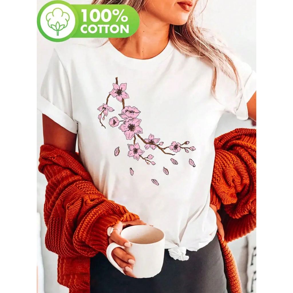 Camiseta Feminina Flores no Galho Blusa Estampada Estilo Over 100% algodão