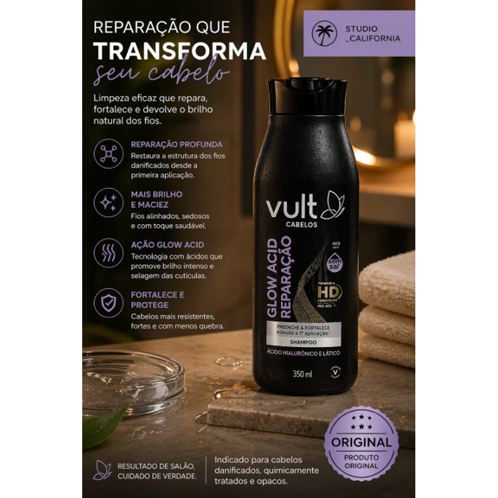 MAIS VENDIDO - Shampoo Vult Glow Acid Reparação 350ml Profissional | Hidratação, mais Brilho,maciez, força e Anti Danos