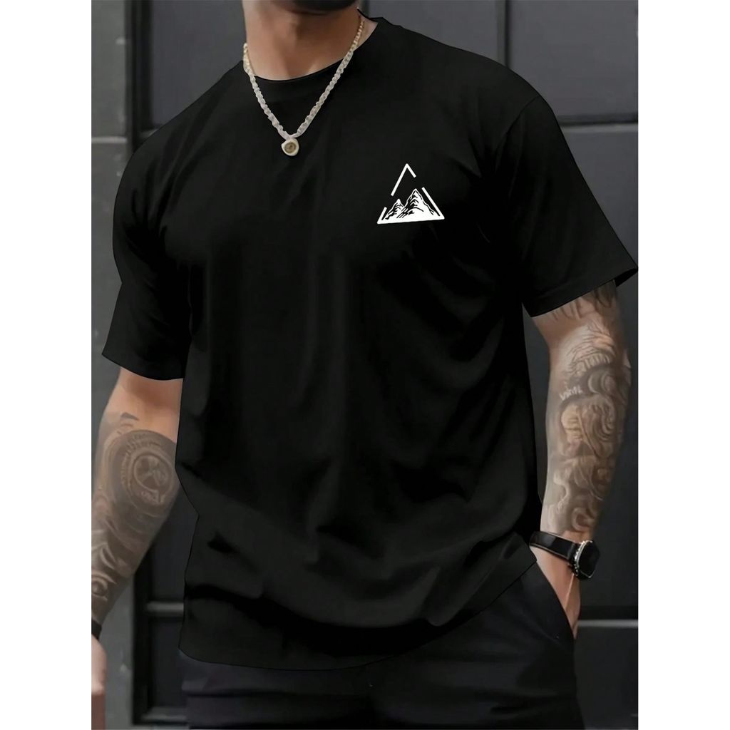 Camiseta Masculina Estampa TRIÂNGULO e MONTANHA Estilo Regular Manga Curta Estampada Malha 30.1 Algodão Verão