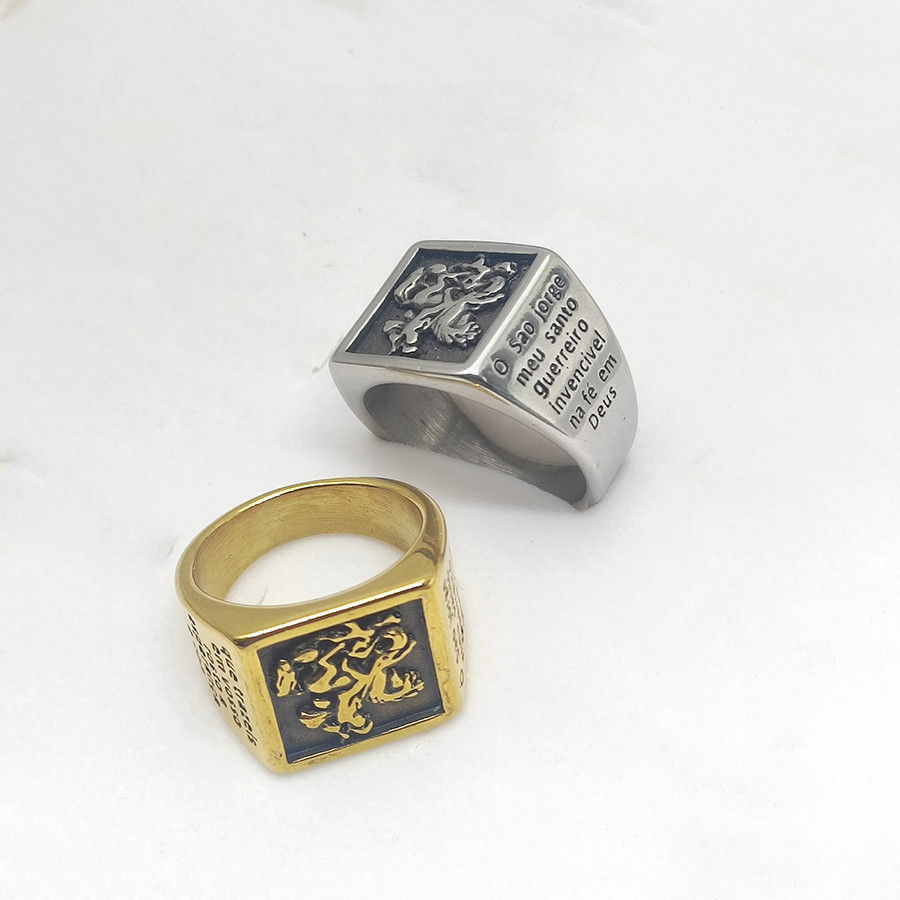 Anel   Aço Inoxidável Maciço  São Jorge Com Oração em Oferta na Shopee