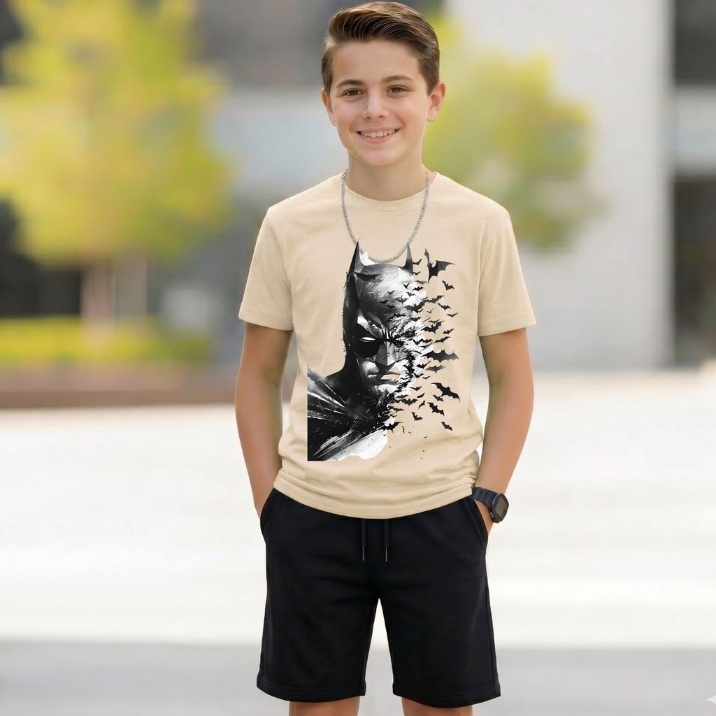 Conjunto Bat: Camiseta estampada Short Preto 100% Algodão Filme Premium Presente Criança Tendência 2026
