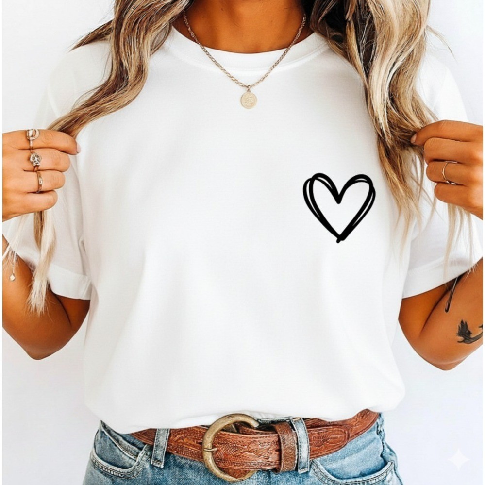 Camiseta Feminina Algodão Estampa de Coração Delicado T-Shirt 100% Algodão Blusa Feminina Básica Lancamento