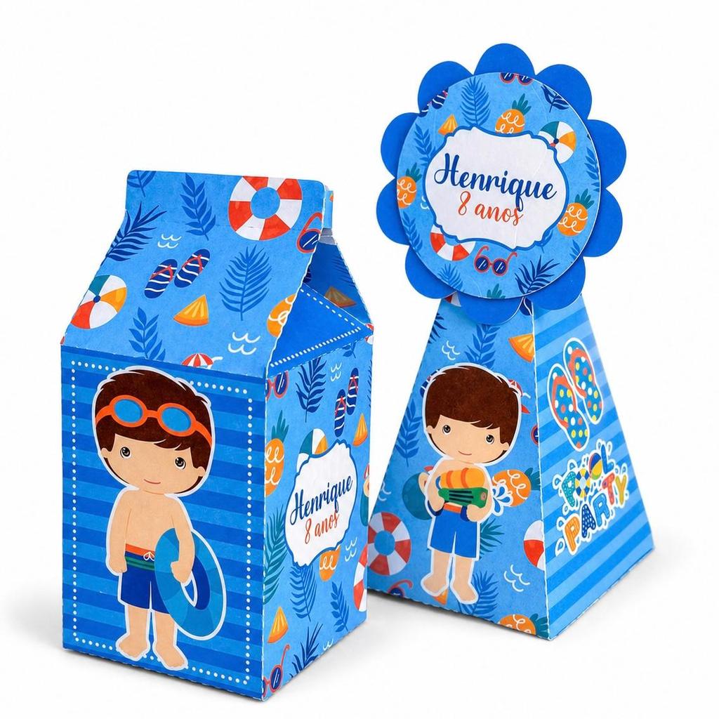 10 a 40 Caixinhas Pool Party Menino Personalizado PEGUE E MONTE Caixa Milk Pirâmide Kit Festa Lembrancinhas  Aniversário