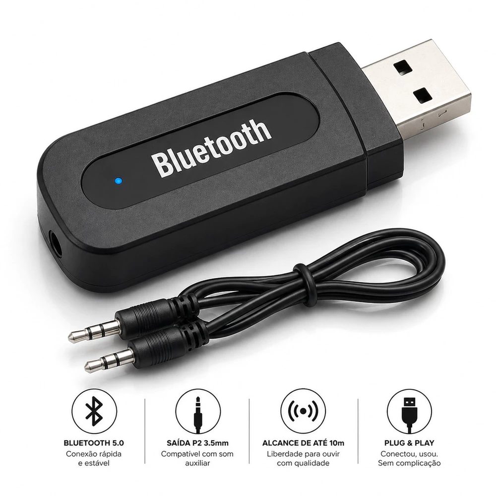 Adaptador Bluetooth USB Receptor Áudio P2 3.5mm para Som Automotivo, TV e PC