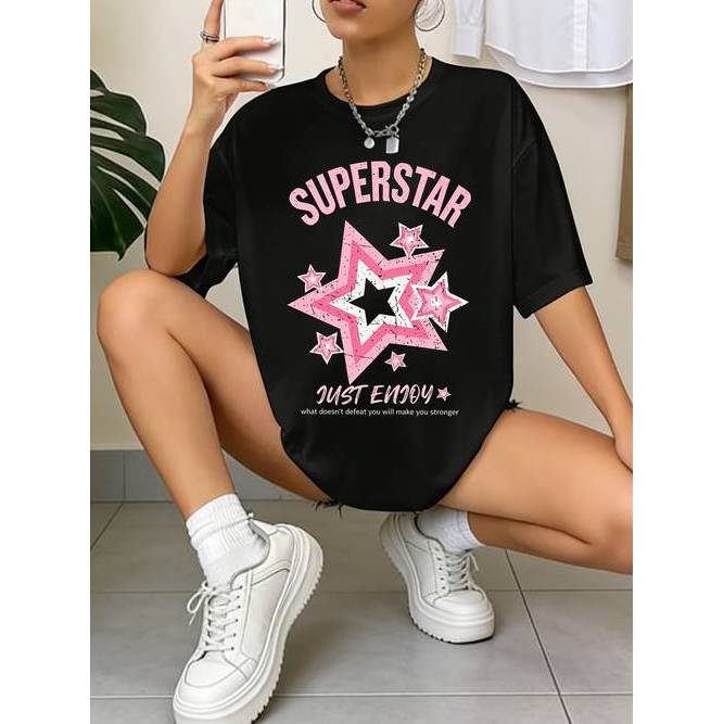 Camiseta Oversized Drop Shoulder Estampada Pink Star Palm Print Retrô Vaporwave Streetwear Confortável Moderna Estilo...