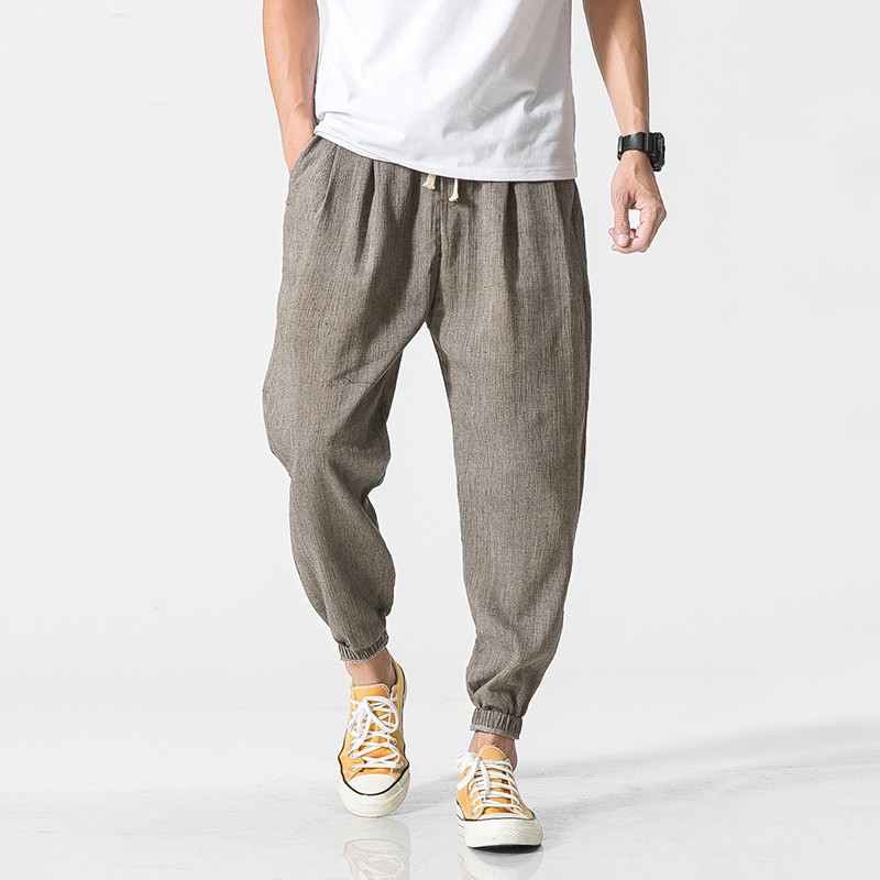 Verão masculino estilo fino cenoura calças de linho calças magras cintura elástica algodão linho 9 pontos calças masculi