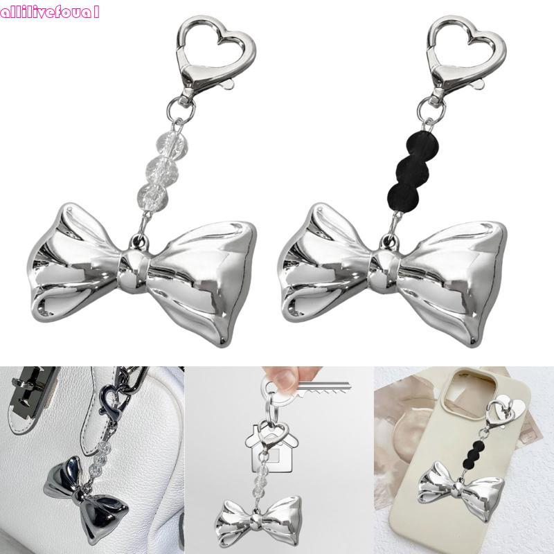 allilivefoua1 Adorável Prateado Bowknot Grânulo Chaveiro Pingente Saco Telefone Feminino Mochila Bolsa Charme Decorat