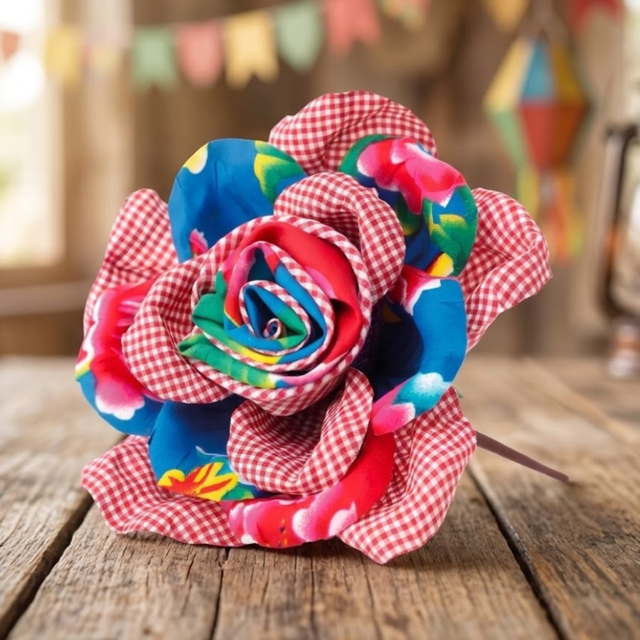 Pick Decorativo de Festa Junina - Flor Chita - Xadrez Vermelho - 24x15cm - 1 unidade - Cromus - Rizzo