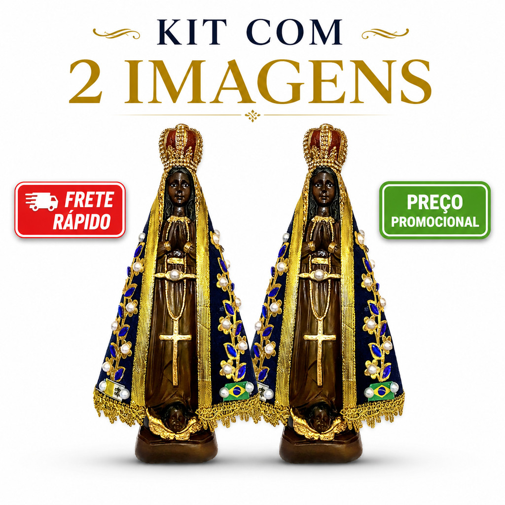 KIT 2 Imagem Nossa Senhora Aparecida 15cm - Manto Original com Pérolas - Resina e Gesso - Estátua Católica Exclusiva
