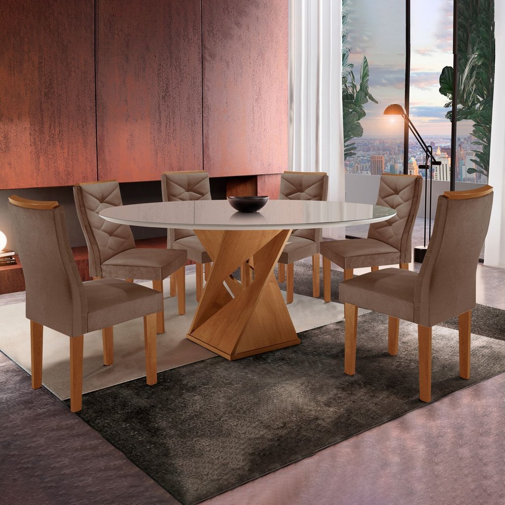 Conjunto Mesa Redonda com Vidro e 6 Cadeiras Tampo 120cmx120cm Barcelona Yescasa Cinamomo/Off White/Suede Animale
