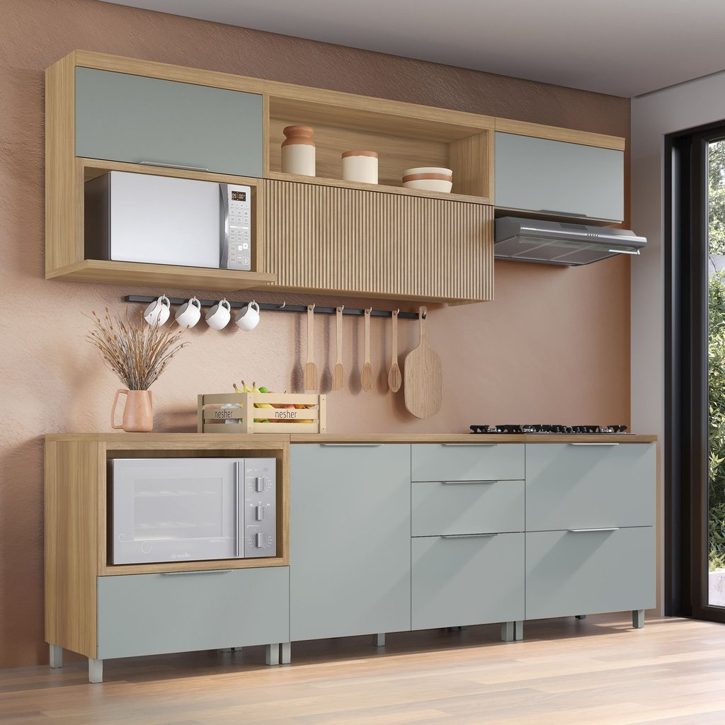 Cozinha 6 Peças 5 Portas 5 Gavetas com Armário Aéreo 100% MDF Marquesa Marrom/Nature/Verde Nature/Verde
