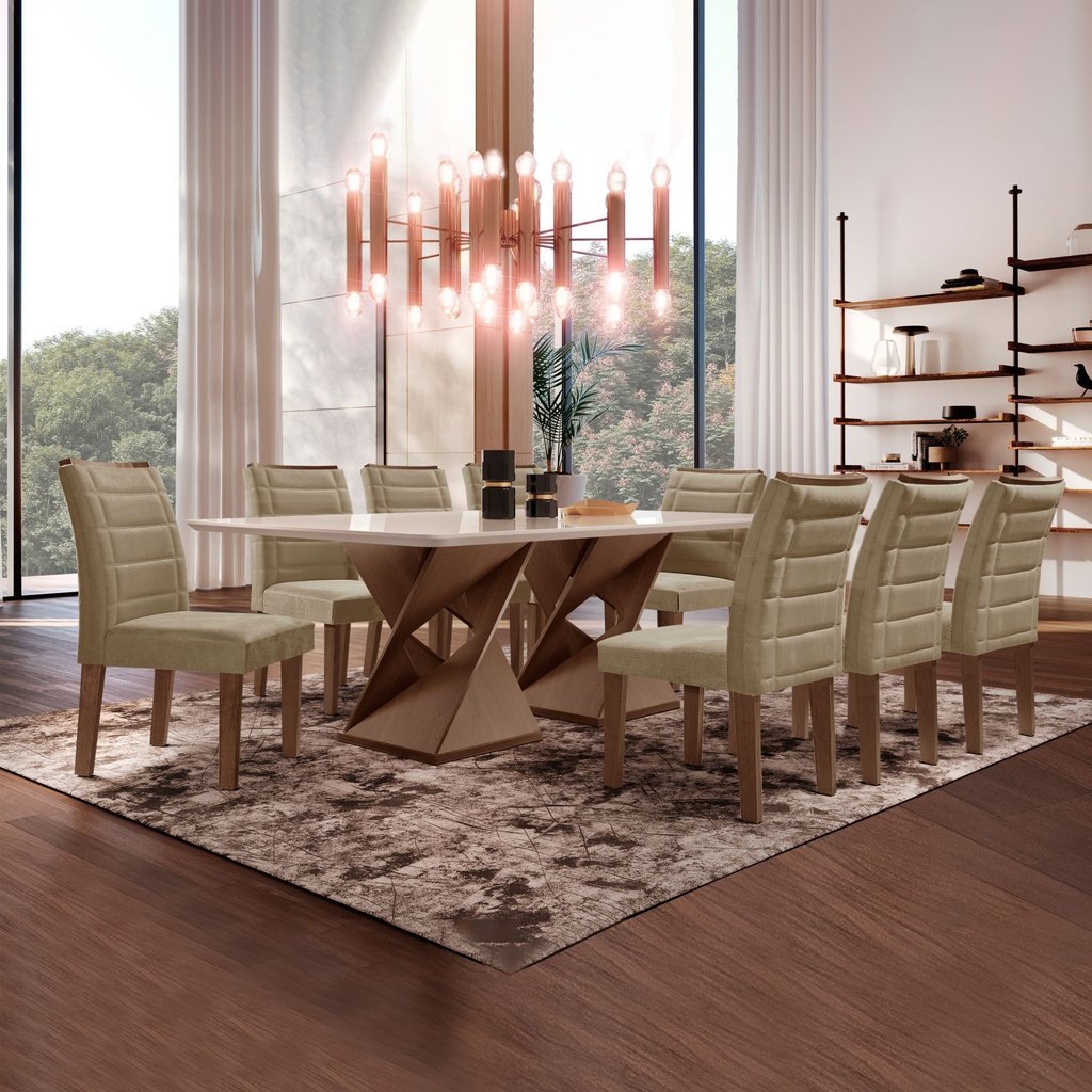 Conjunto Sala de Jantar Mesa 8 Cadeiras Tampo de Vidro Genova Chocolate/Off White/Bege Escuro
