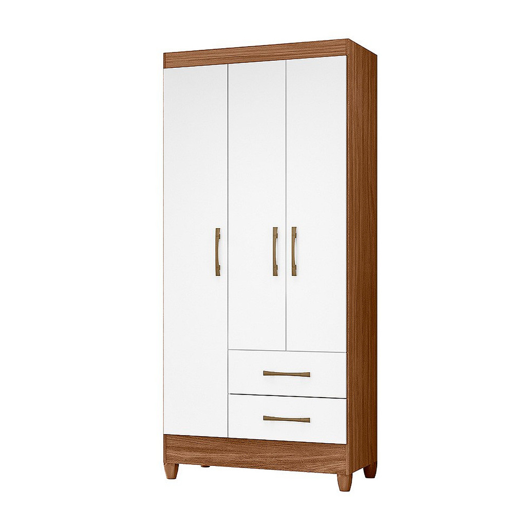 Guarda Roupa Quarto Lima Solteiro Pequeno Moderno 3 Portas 2 Gavetas Naturale com Branco MoveisAqui