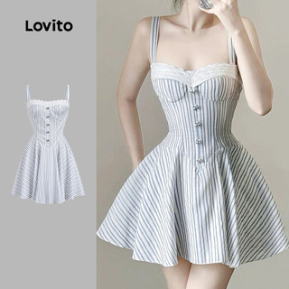 Lovito Casual Vestido Renda Colorblock Drapeado Diário Férias E Viagens Primavera/verão Azul Mulheres Bordado LK3AD147