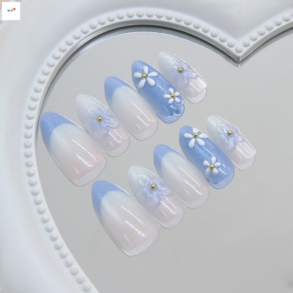 3D Cat-Eye Francês Unhas Postiças Azul Ombre Design 30 Peças Kit De Manicure Reutilizável