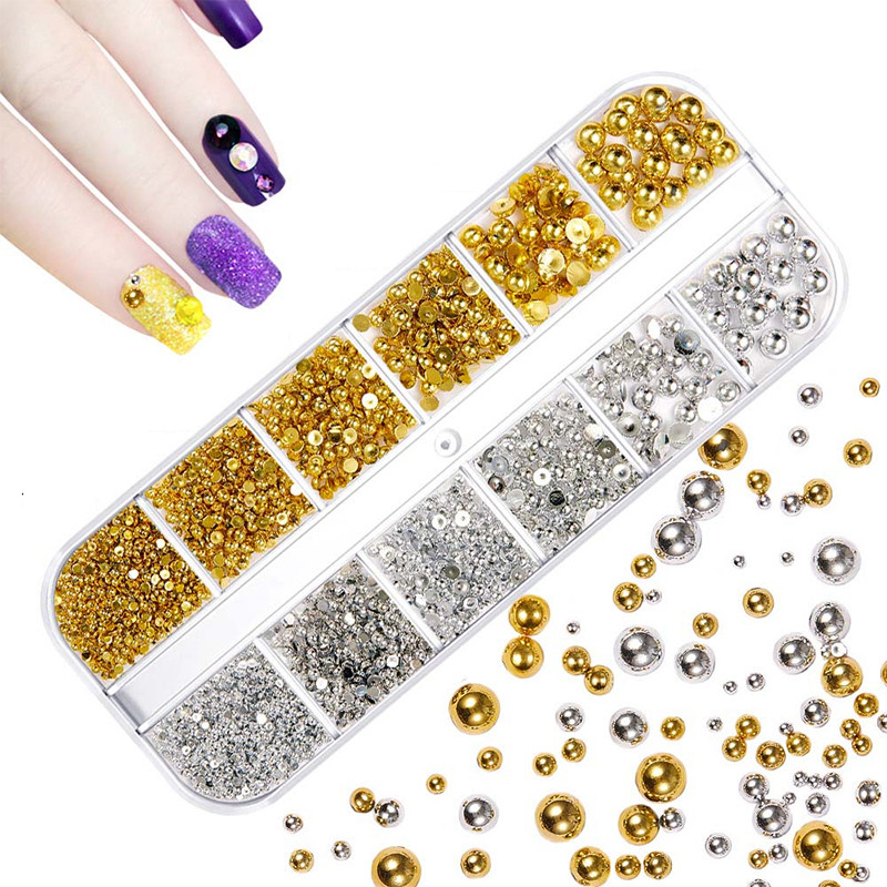 Novos adornos para unhas em prata e dourado, pérolas de unhas em forma de meia-lua de 1,5-5 mm