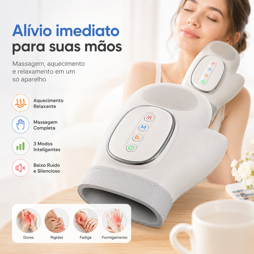 Massageador de mãos, integrando funções de terapia térmica e massagem, pode massagear palmas, punhos e dedos.