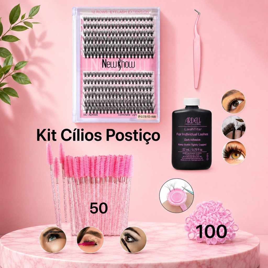 Kit New Show Cílios Postiço Tufo Tufinho Cílios em Casa + Cola Ardell + Pinça + 50 Escovinhas + 100 Anéis Batoques