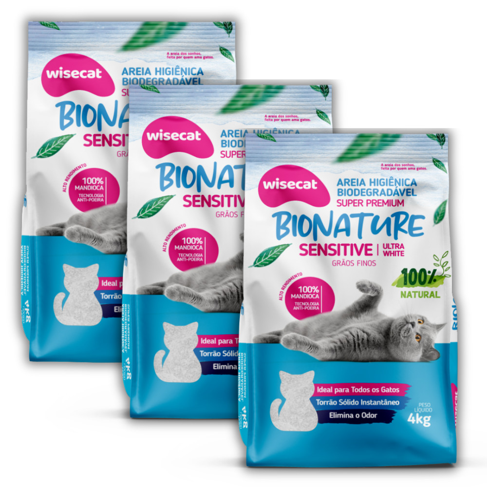 Kit 3 Areia Higienica Gatos Biodegradavel Bionature Grãos Finos 4Kg