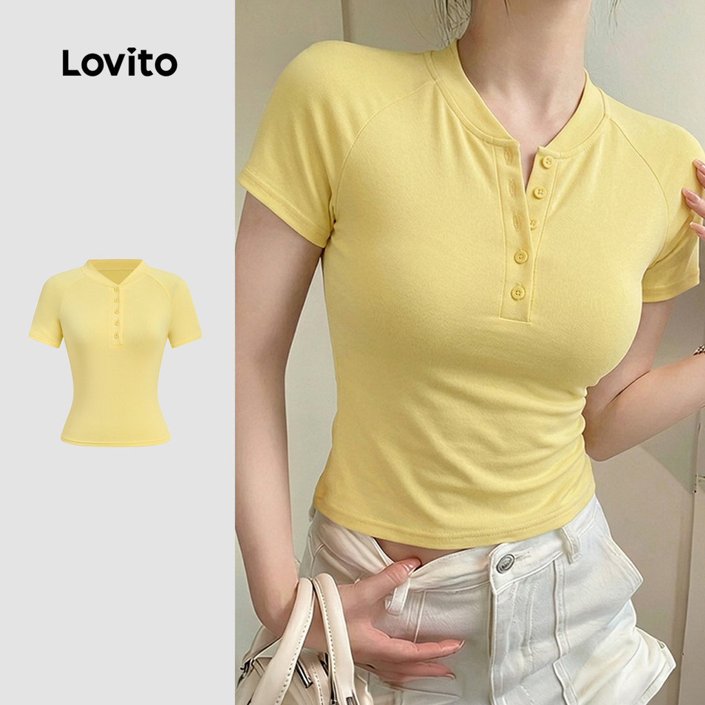 Lovito Camiseta Casual Botão Primavera/verão T-shirt Amarela para Mulheres LK5ED