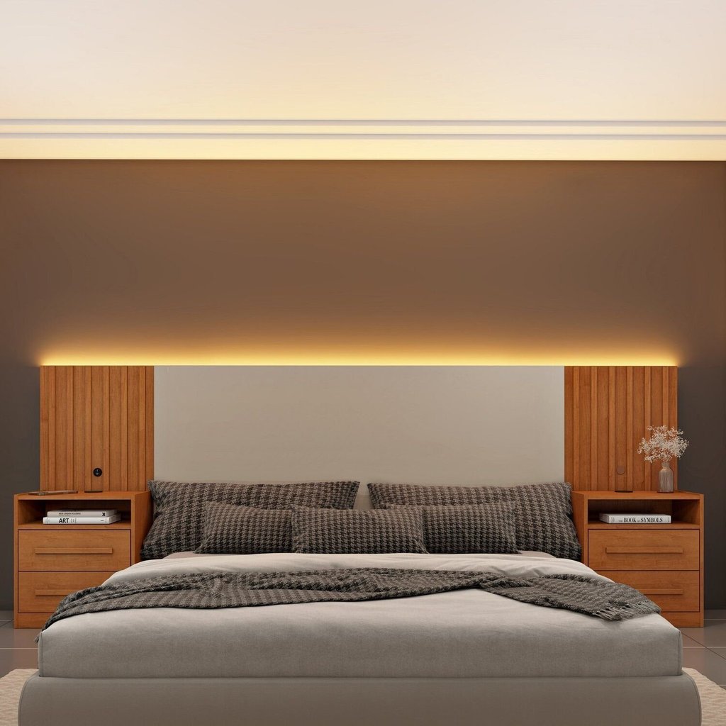 Cabeceira Box Casal Ripado com LED e Carregador USB e 4 Gavetas Yescasa Sim
