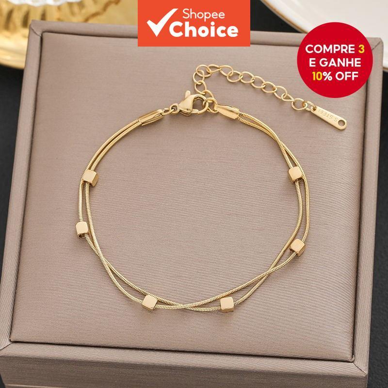 Pulseira Feminina Banhada A Ouro 18K Não Mancha 3D Pequena Quadrada Dupla Camada Corrente De Cobra Estilo Ins Moderno Ve