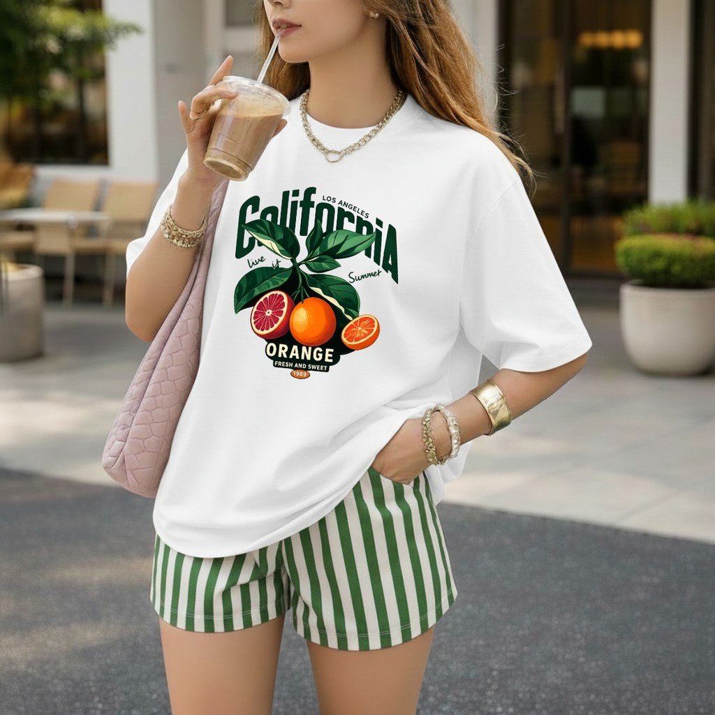 Camiseta Blusa Feminina Laranja Califónia Oversized 100%Algodão Premium Moda Praia verão Estilo e Conforto