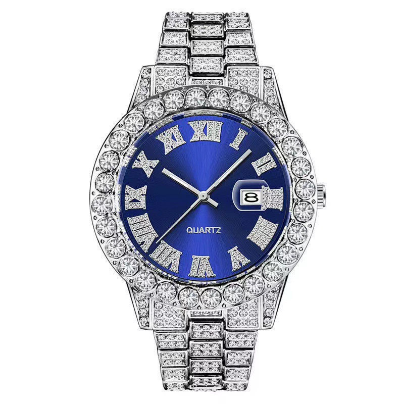 Relógio masculino com aparência sofisticada, relógio hip-hop com numerais romanos e calendário cravejado de diamantes.