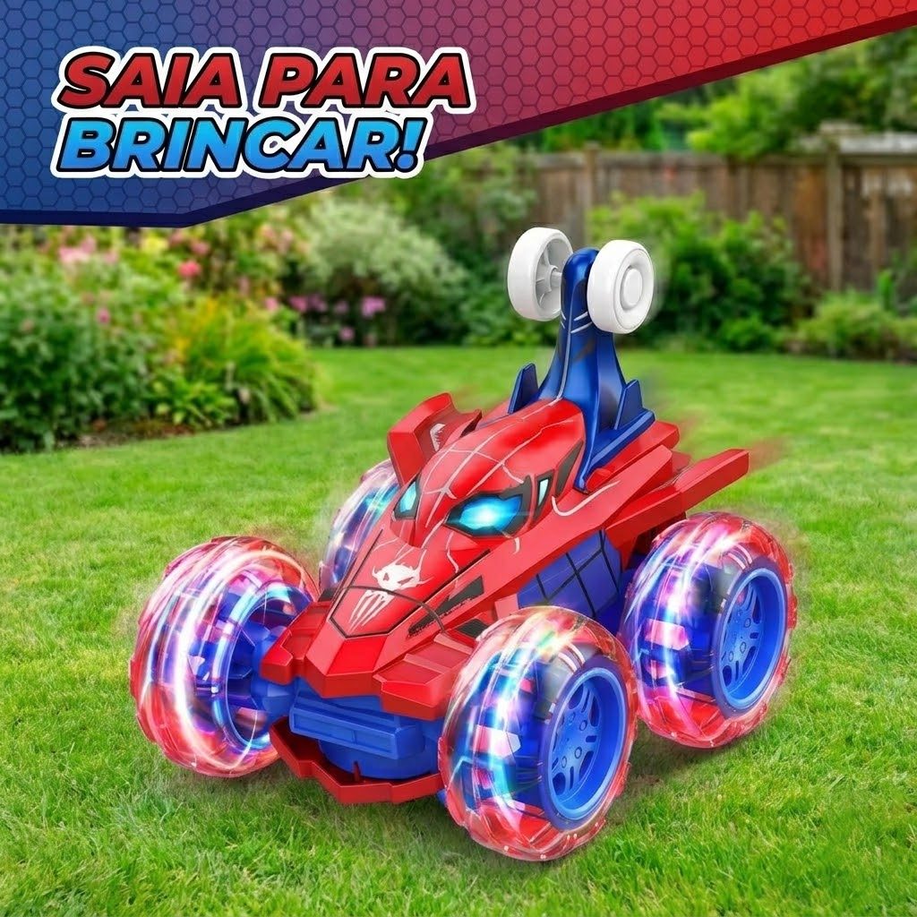 Carrinho Recarregável Controle Remoto Acrobata Gira 360 Graus Aranha Spider Azul Infantil Kizumba