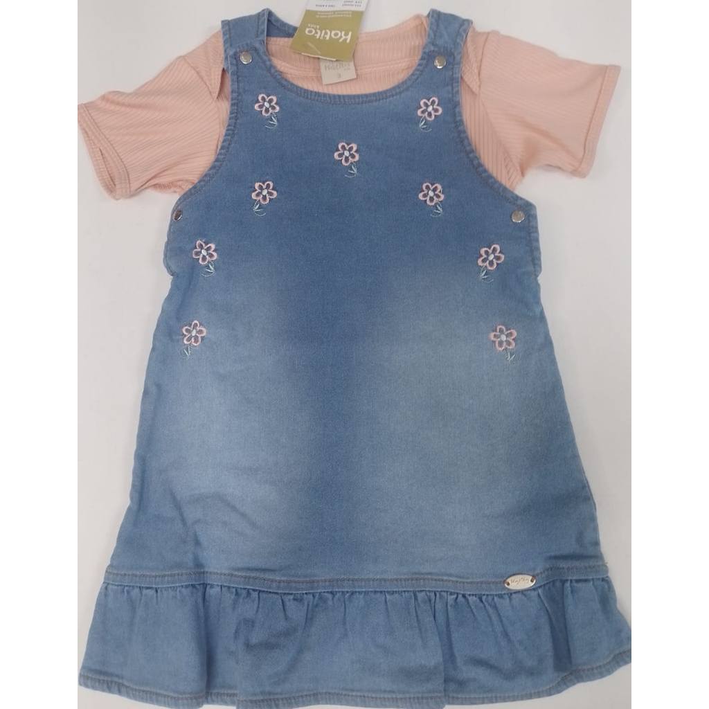 Conjunto Vestido Jeans + Body Bebê Infantil Menina Luxo 045