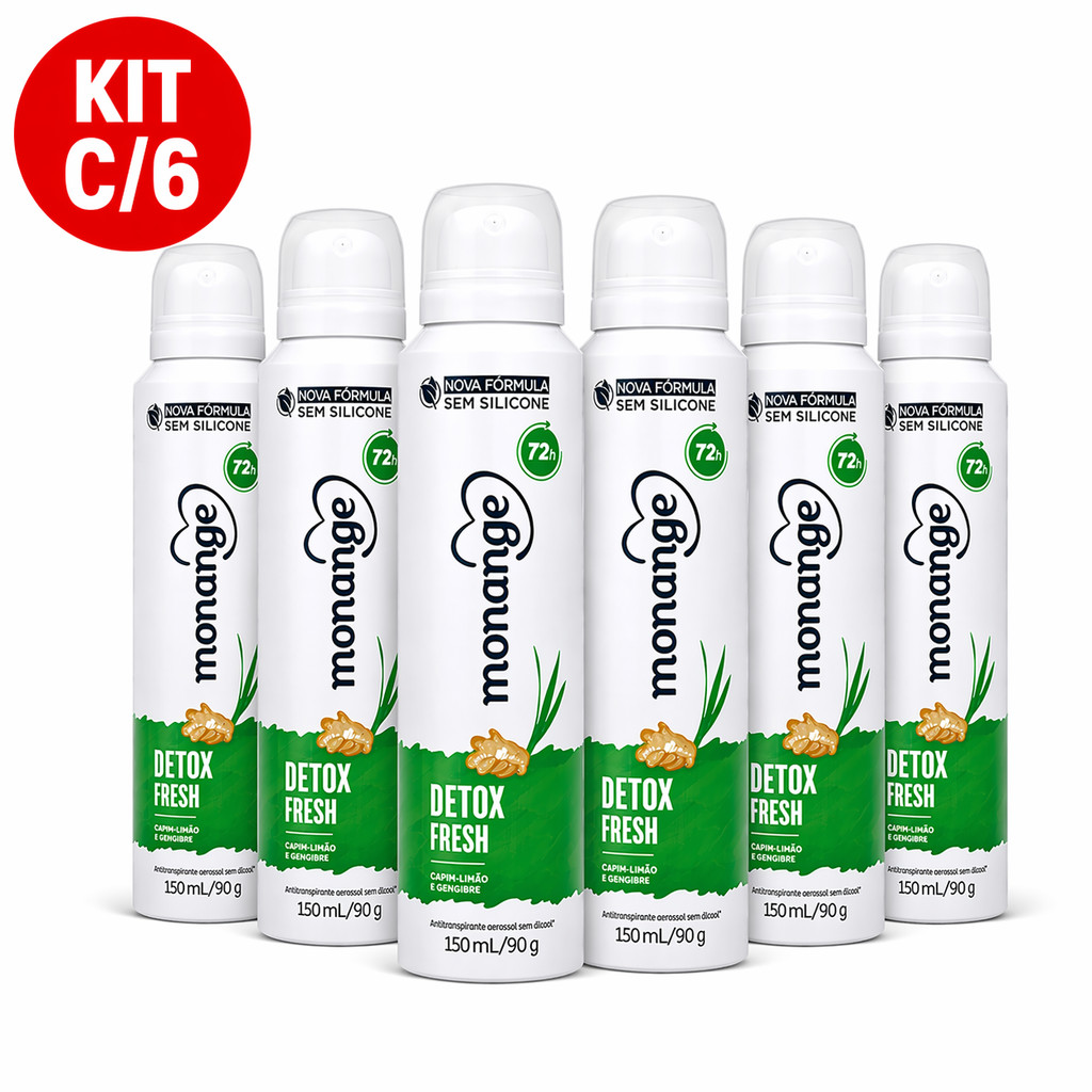 Kit c/6 Desodorante Antitranspirante Aerosol Monange DETOX FRESH 72h 150ml