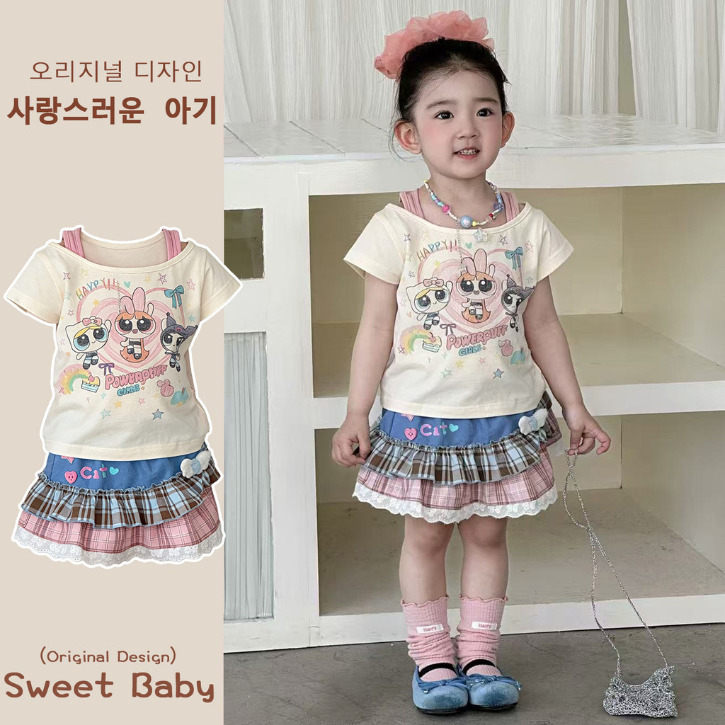 Meninas terno 2026 verão novo estilo crianças doce dos desenhos animados impresso camiseta de manga curta bebê menina ve