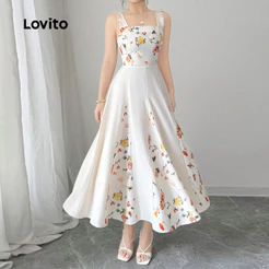 Lovito Férias Tecido Vestido Floral Costura Flores Lazer Primavera/verão Vestido para Mulheres L182ED079