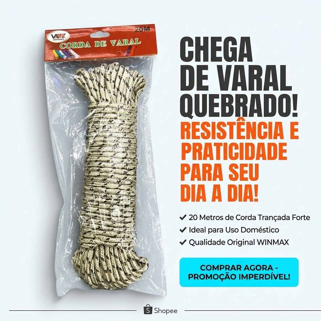 Corda De Varal Nylon 4mm Reforçada 20m Alta Resistência Varal de Roupas Lavanderia Varal Externo e Interno