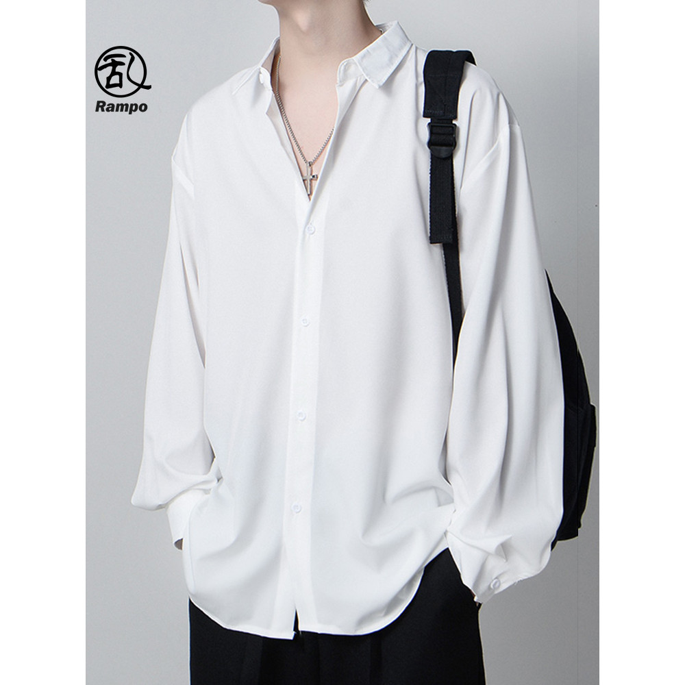 Camisa branca de manga comprida masculina novo estilo versão coreana Drape topo solto High-End seda gelo cor sólida lega