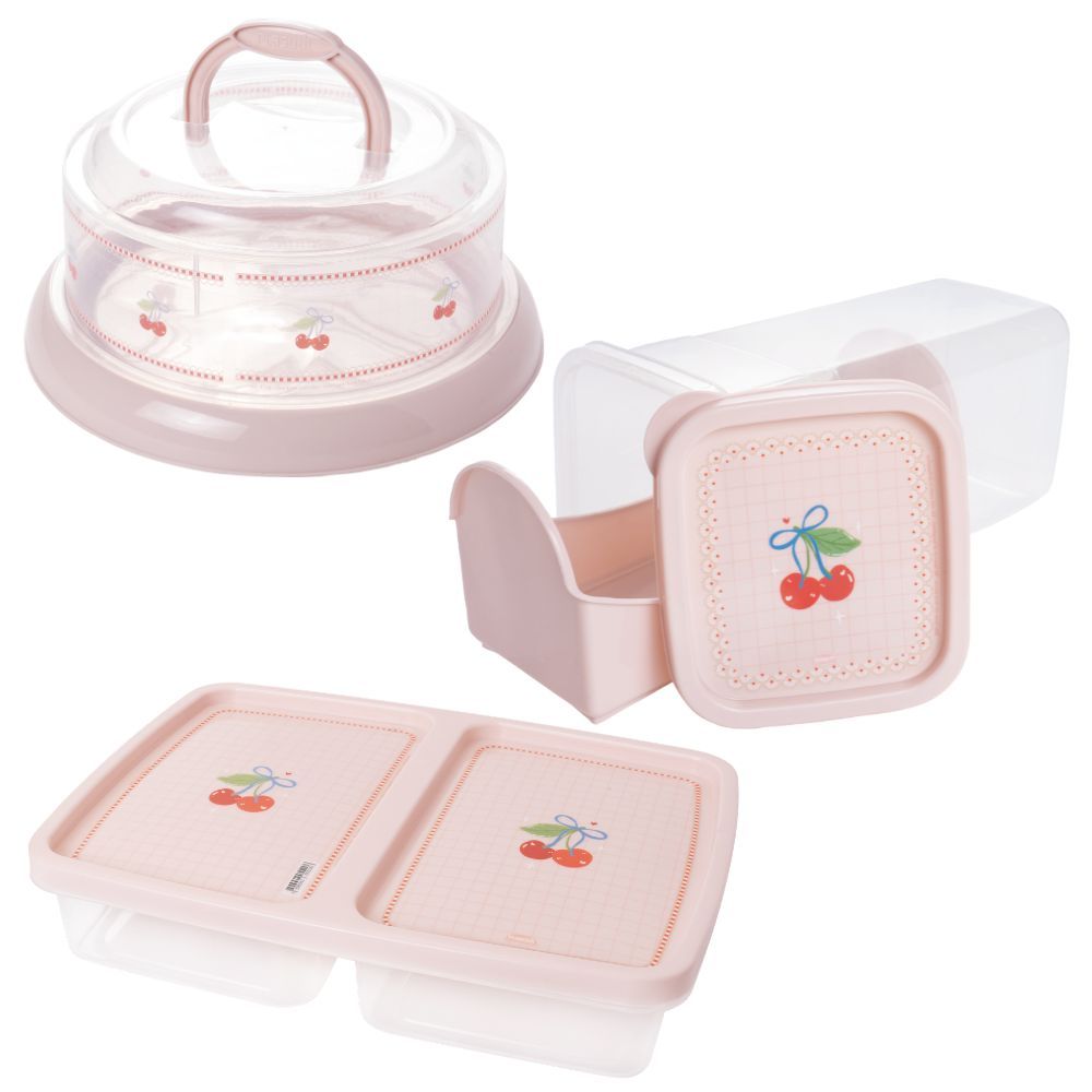 Kit Porta Torradas com Gaveta Deslizante, Porta Frios e Queijeira com Base de Rosca 3 peças rosa Plasutil