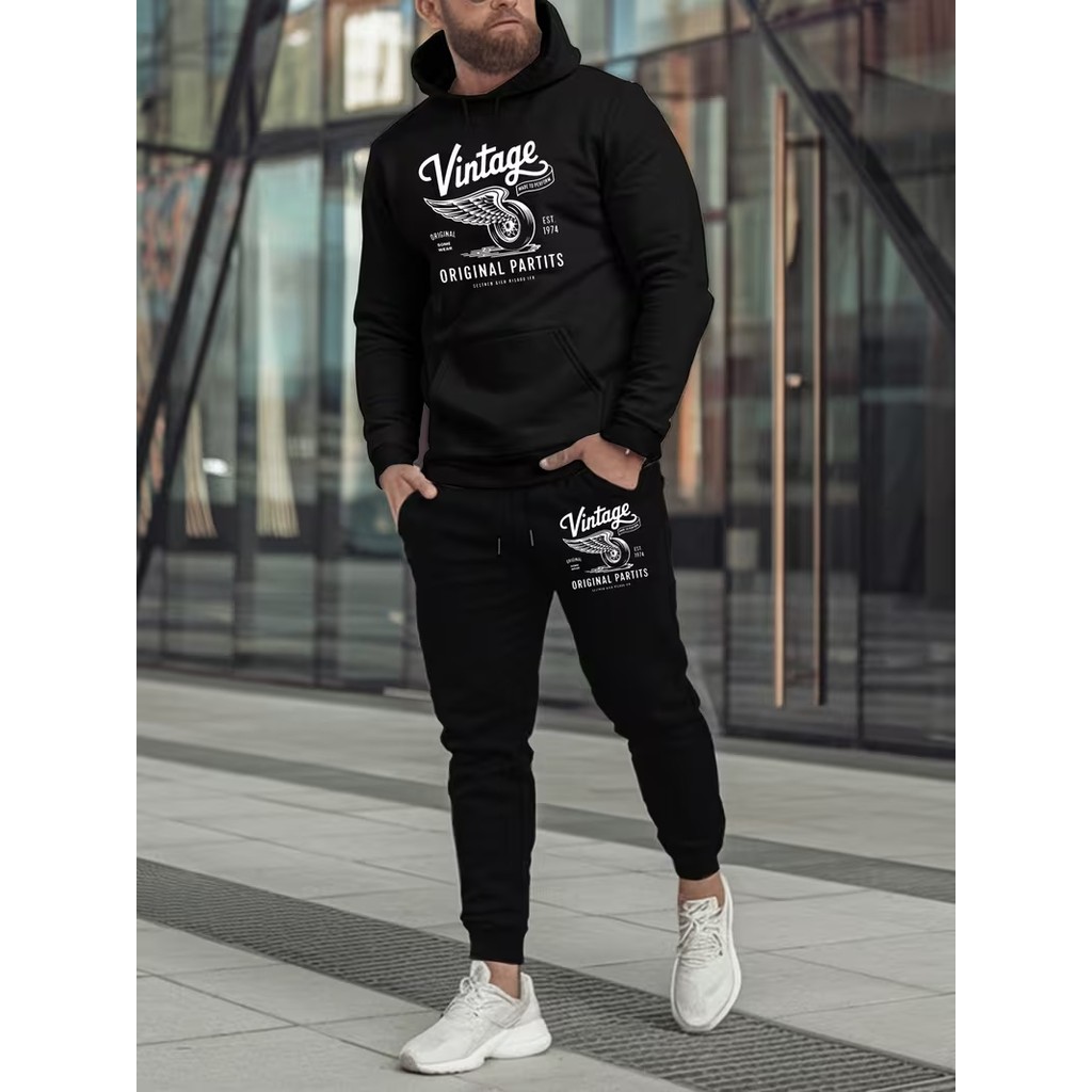 Conjunto Moletom Canguru Masculino Vintage Blusa De Frio + Calça Moletom Estampados Unissex Outono/Inverno