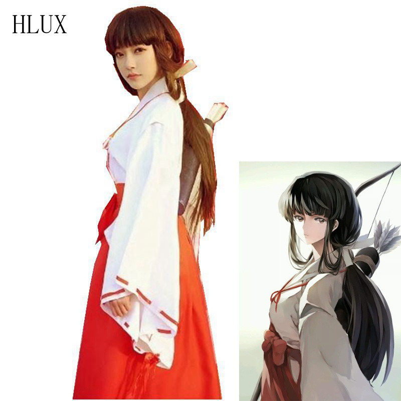 Fantasia de Cosplay de Anime Inuyasha Bruxa Kikyo Yehua Conjunto de Kimono Japonês Fofo para Mulheres com Hakama e Laço 