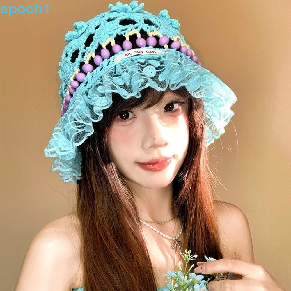 Chapéu Balde De Crochê EPOCH1 , De Malha Feito À Mão Com Contas De Verão , Babados De Flores Ocas , Bonés De Bacia Ao Ar