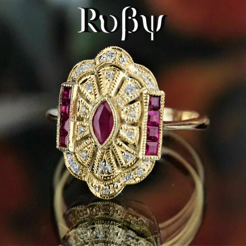 Rubi * europeu americano cavalo olho palácio estilo anel feminino luz estilo luxo britânico Retro anel banquete vestido