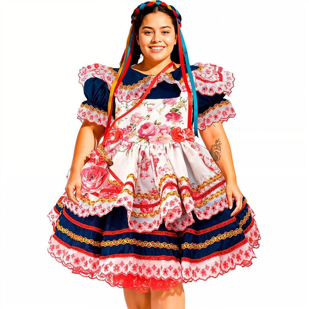 Vestido Plus Size São Joao Feminino Adulto Super Luxo Festa Junina Azul Marinho com Avental Floral e Bolsinha