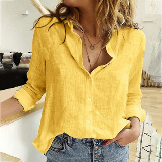 Camisas de linho femininas e blusas femininas, simples e elegantes, camisas de manga comprida, cor sólida, camisa de lin