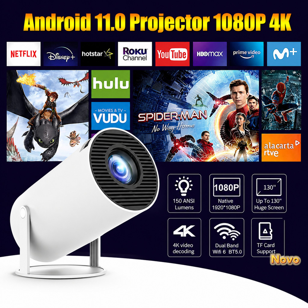Mini Projetor Portátil Full HD 4K Suporte WiFi Bluetooth Cinema em Casa Android Celular USB HDMI