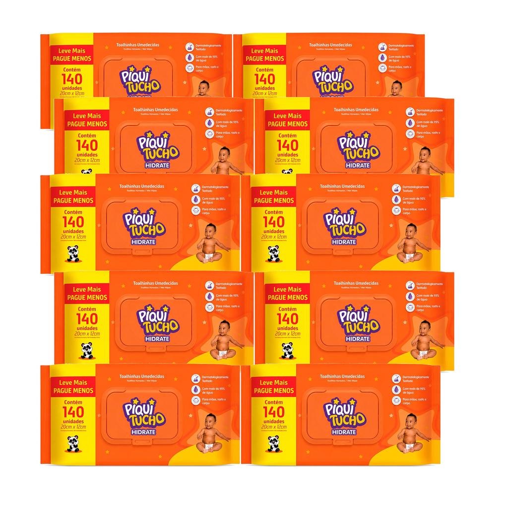 Kit Com 10 Toalha Umedecida Piquitucho Hidrate 140 Unidades